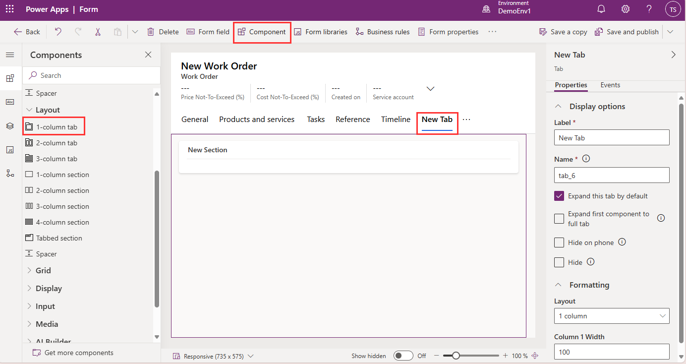 Power Apps prikaz novega zavihka na delovnem nalogu.