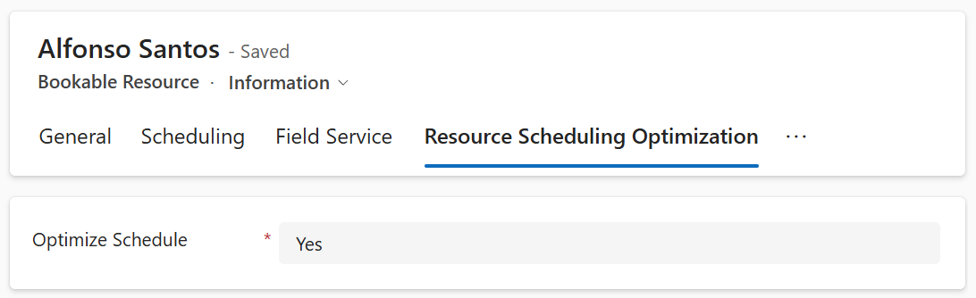 Posnetek zaslona omogočanja Resource Scheduling Optimization za vir.