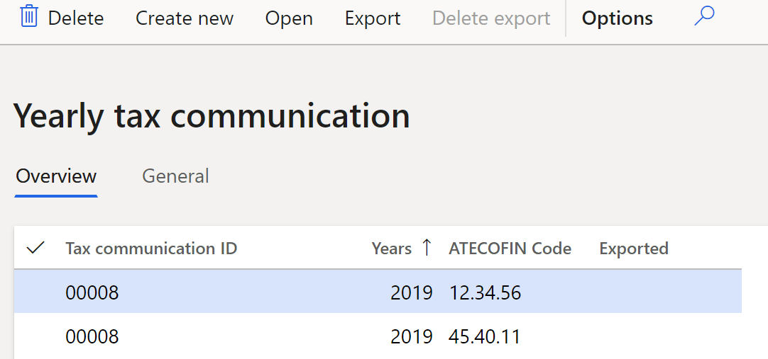 Yearly tax communication page, Overview tab.