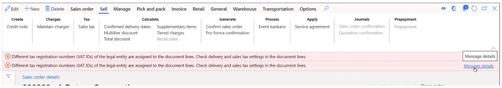 Error message about different tax registration numbers on document lines.