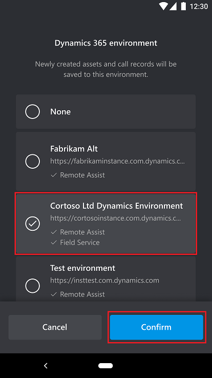 List of environments in Remote Assist settings menu in the Mobile app.