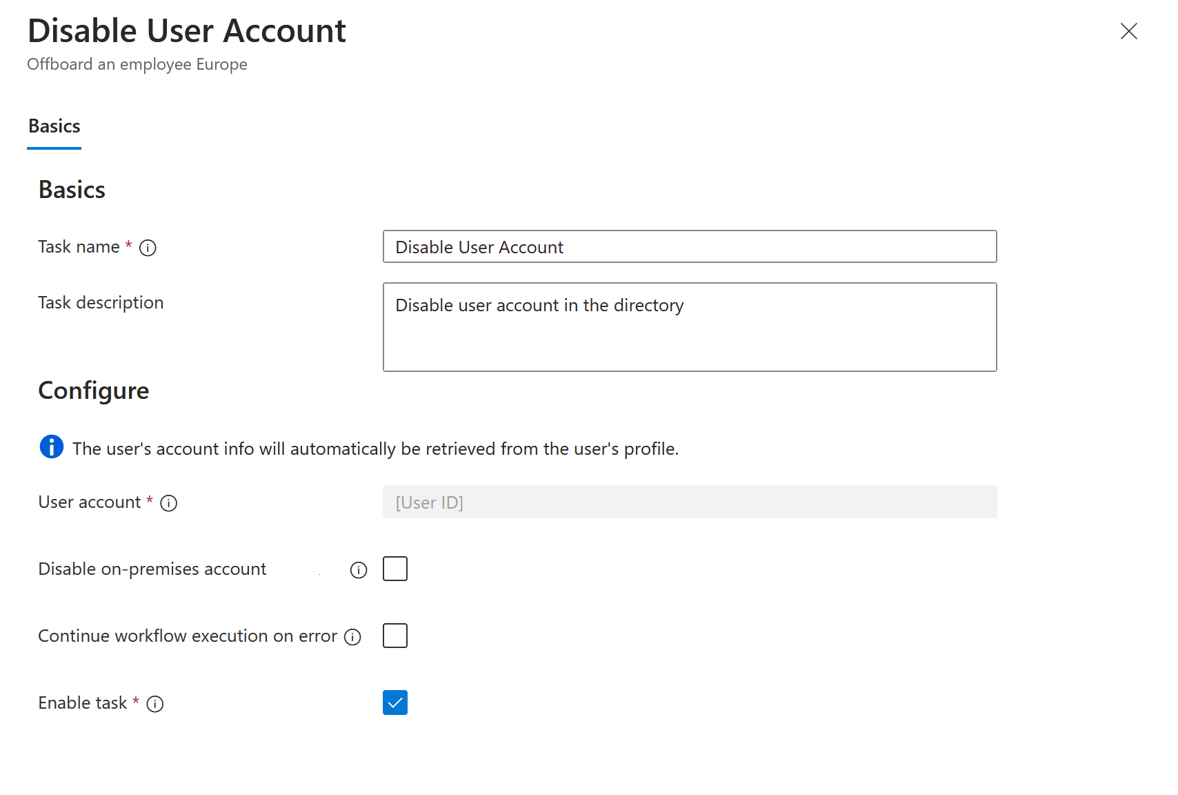 Screenshot of Workflows task: disable user account.