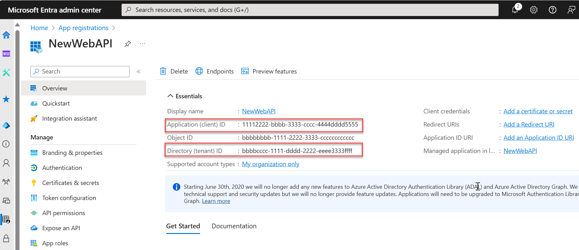 Screenshot that shows the identifier values on the overview page.