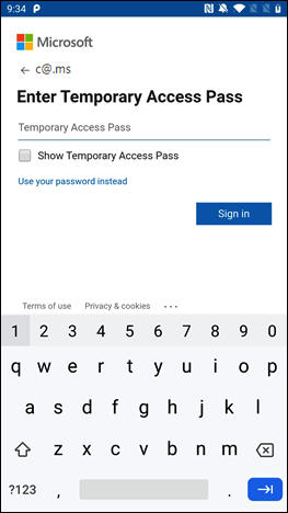 Screenshot of how to enter a Temporary Access Pass using work or school account.