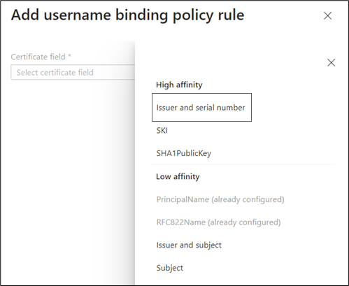 Screenshot of how to select Issuer and Serial Number.