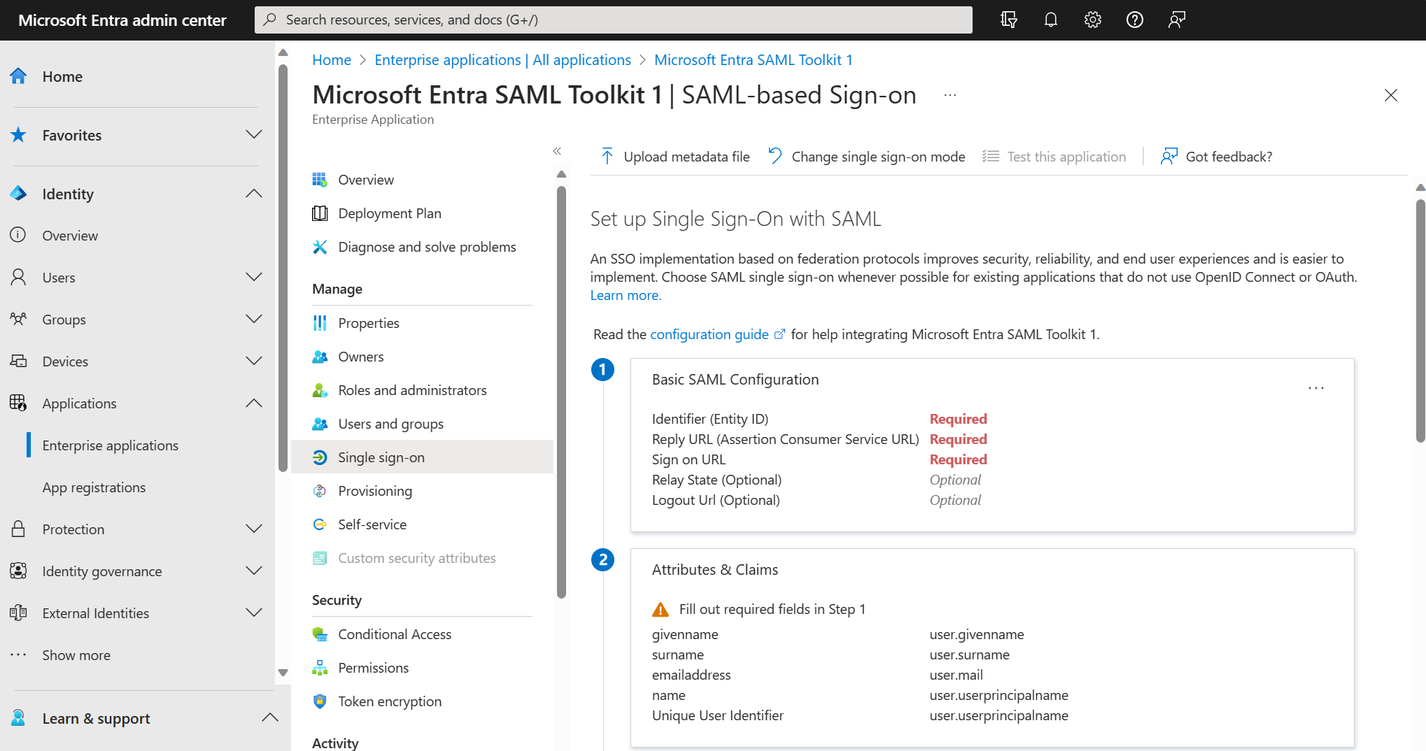 Screenshot of the SAML SSO settings blade.