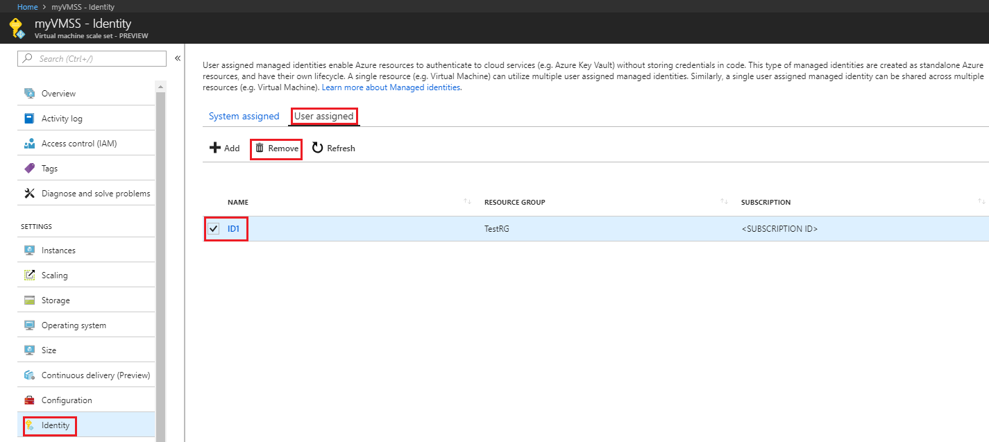 A screenshot showing how to remove user-assigned identity from a virtual machine scale set.