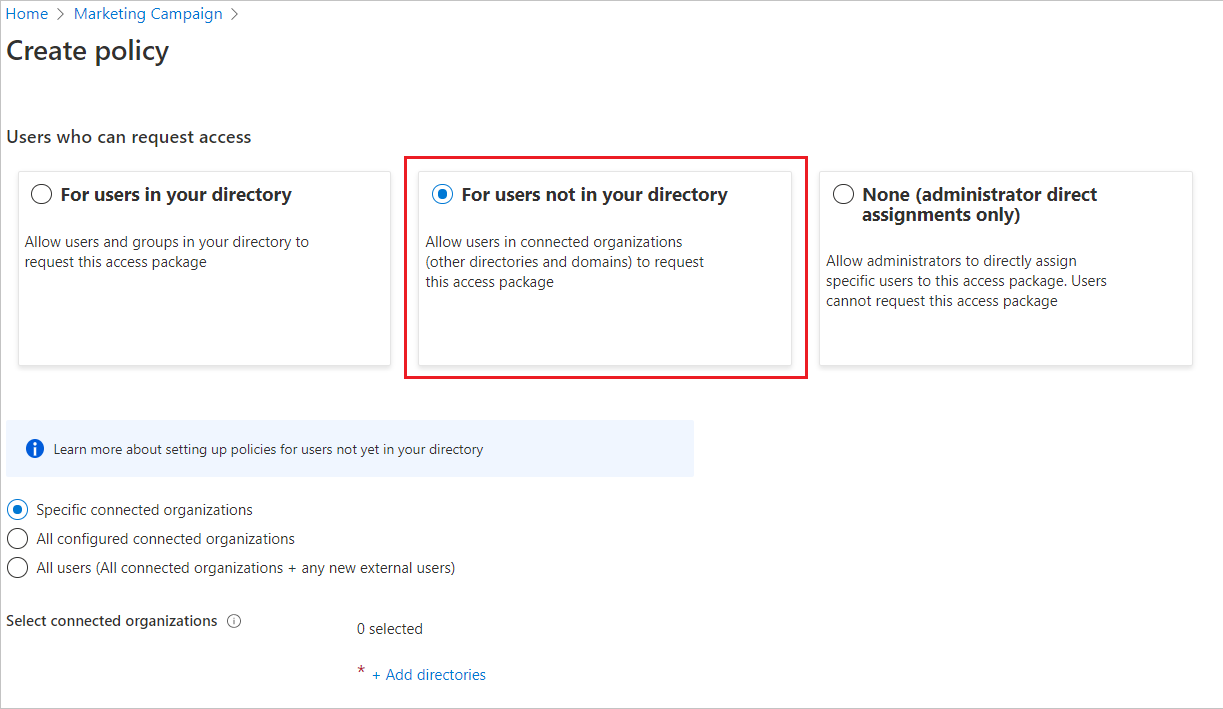 Screenshot that shows the option for allowing users and groups not in the directory to request an access package.