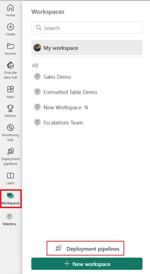 A screenshot of the deployment pipelines entry point.