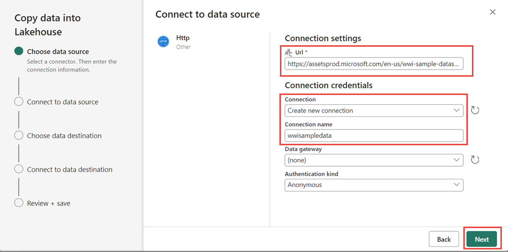 Screenshot showing the parameters to configure the Http connection.