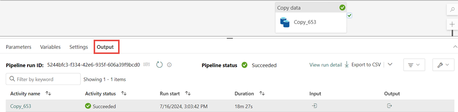 Screenshot showing the status of the copy pipeline activity.