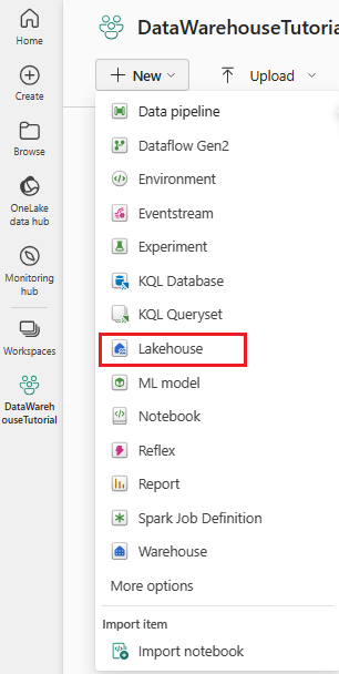 Screenshot from the Fabric portal showing the + New menu. Lakehouse is boxed in red.