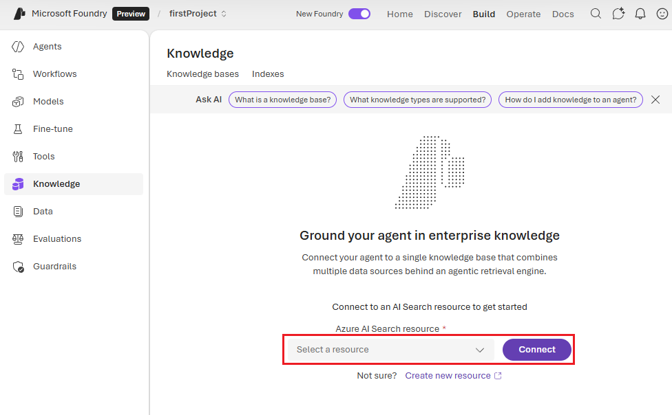 Screenshot that shows connecting your agent to an Azure AI Search resource.