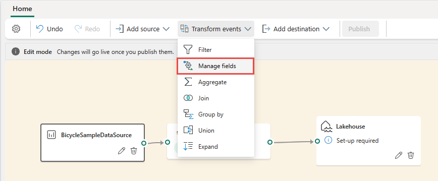 Screenshot showing the selection Manage fields on the ribbon.