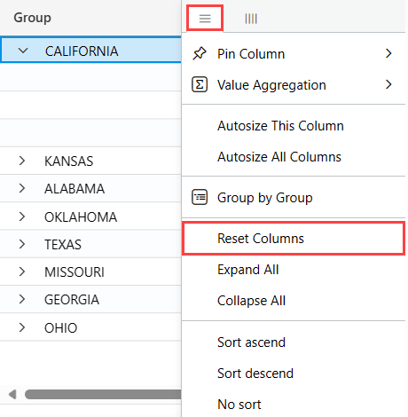 Screenshot of the reset columns setting highlighted in the column dropdown.