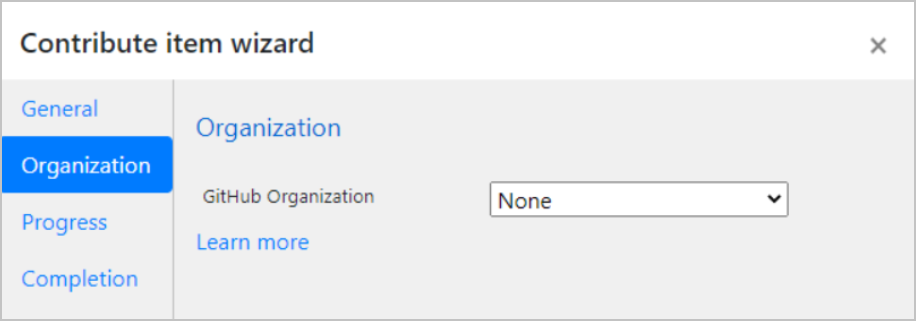 Organization page in the Contribute item wizard