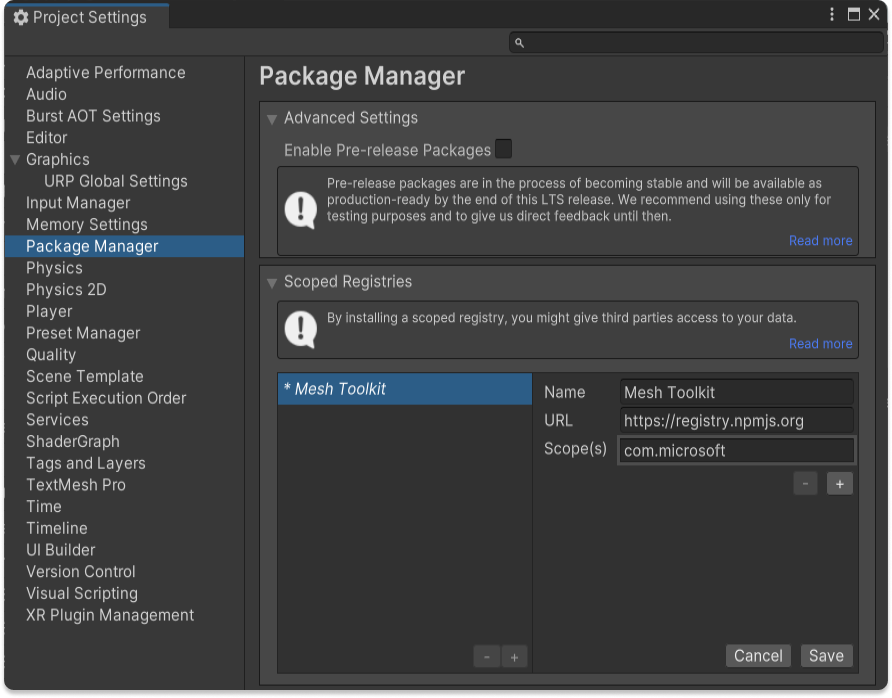 A screenshot of the Project Settings window with the Package Manager Scope Registry Configuration displayed.