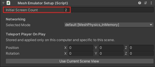 A screenshot of the Mesh Emulator Setup component with the Initial Screen Count property set to two.