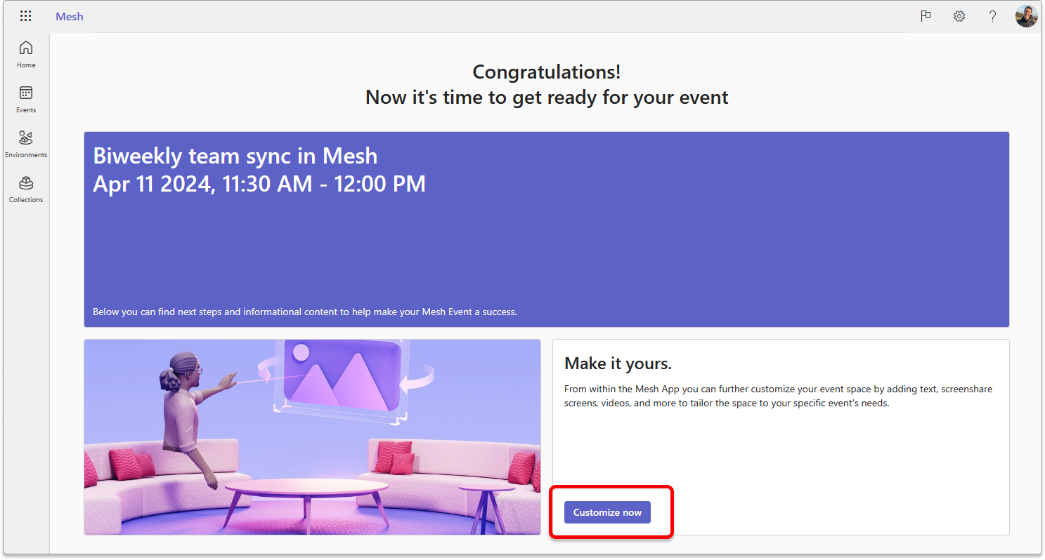 Screenshot showing confirmation screen for newly created event in the Mesh portal.