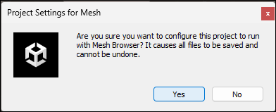 A screenshot of the dialog shown in Unity asking if you are sure you want to configure the project