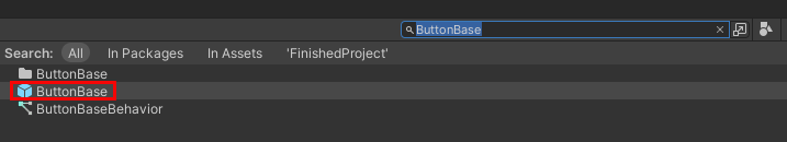 A screenshot of the term Buttonbase searched in the Project window in Unity
