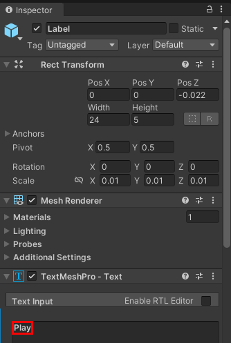 A screenshot of Unity showing inspector for the Button Label with the text Play highlighted.