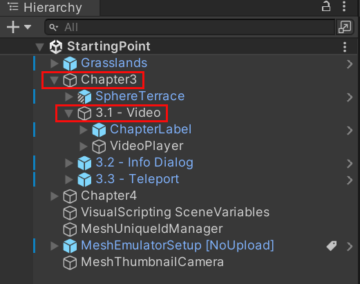 A screenshot of Unity hierachy showing Chapter3 and 3.1 Video folders expanded