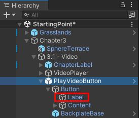 A screenshot of a Unity showing hierarcchy with Label for Button highlighted.