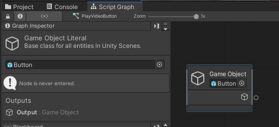 A screenshot of Unity showing the Script graph selected and button object displaying in the Script Graph window.