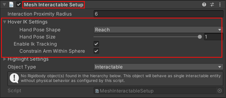 A screenshot of Unity showing the Mesh interactable setup window and included settings.
