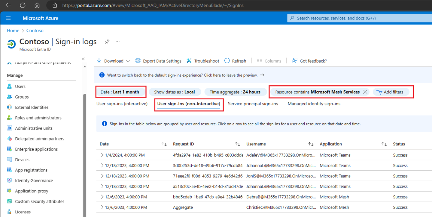 Screenshot of user sign ins page in Azure portal showing filters date, user sign ins non-interactive, mesh service highlighted.