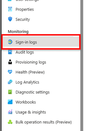 Screenshot of Azure portal showing Sign in logs highlighted.