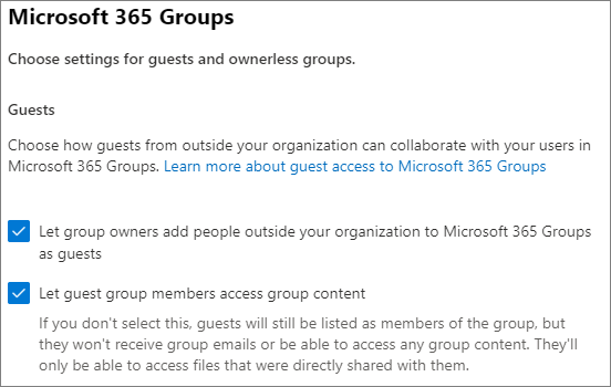 Screenshot of Microsoft 365 Groups guest settings in  Microsoft 365 admin center.