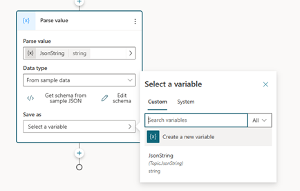 Screenshot showing selection of a target variable for a parsed value.