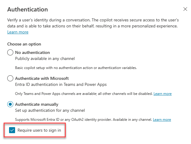 Screenshot of the Authentication pane showing the Require user to sign in option.
