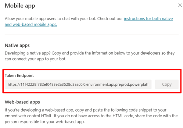 Screenshot of copying the token endpoint URL in Copilot Studio.
