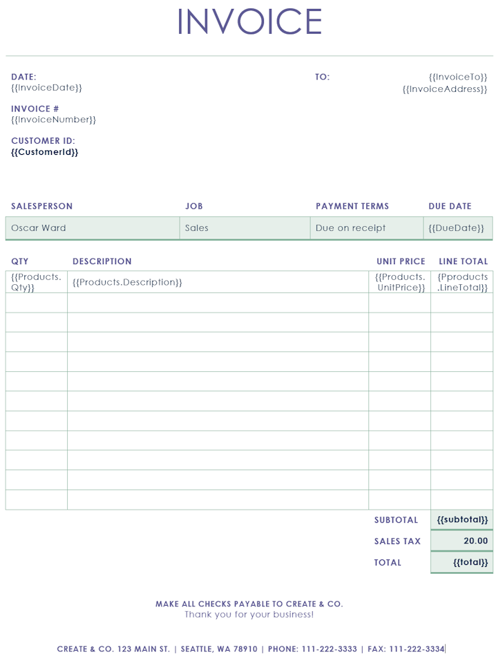 Screenshot of invoice layout document.