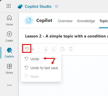 Screenshot of the location of the Copilot Studio undo button.