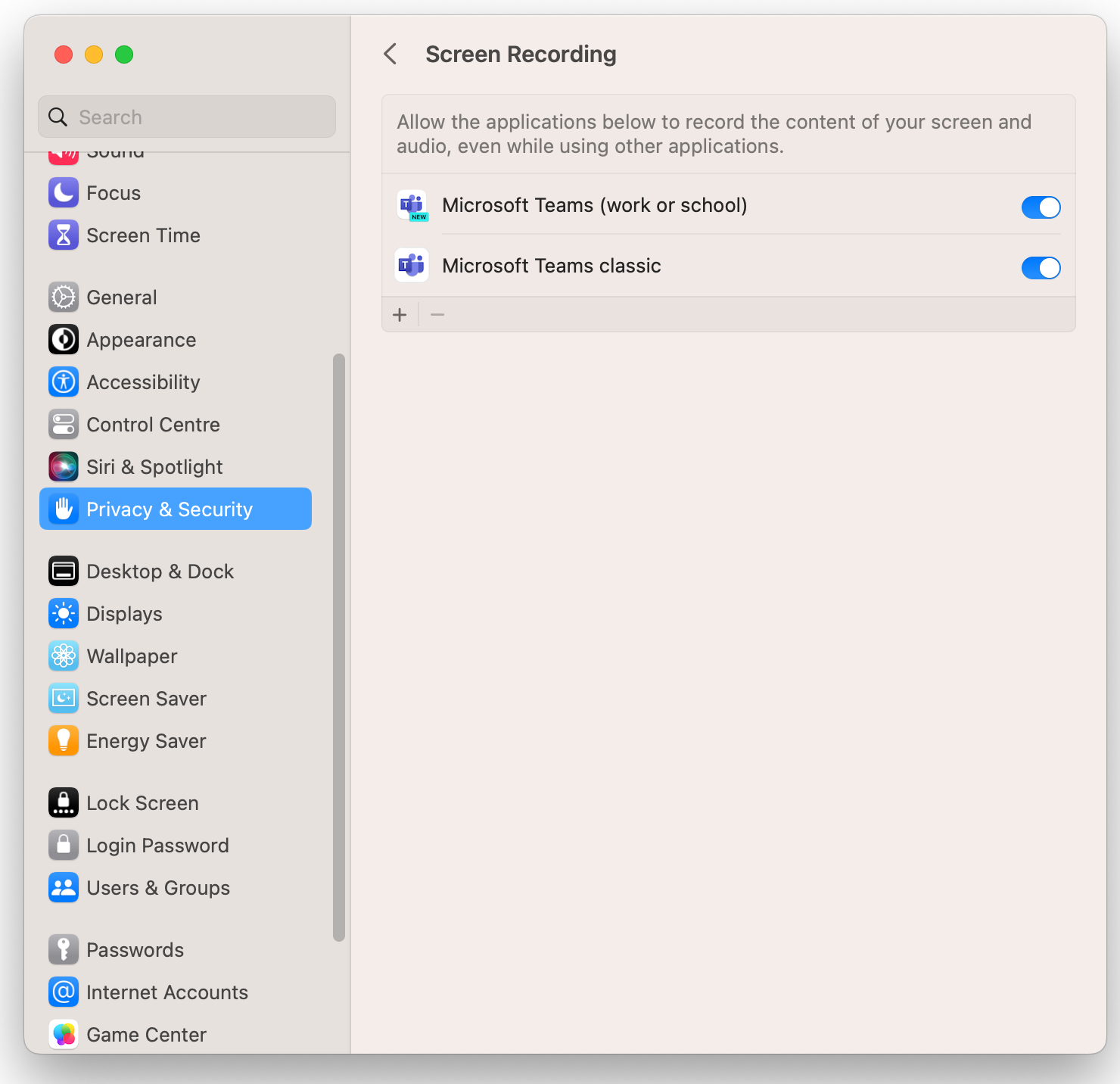 Teams Mac screen recording page.