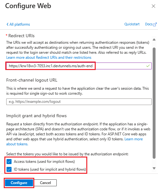 Screenshot shows the option to add redirect URI and select implicit grant and hybrid flows.