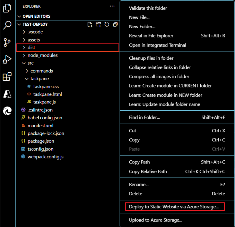 Select the dist folder, right-click (or select and hold), and select Deploy to Static Website via Azure Storage.