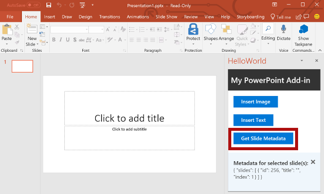 The Get Slide Metadata button highlighted in the add-in.