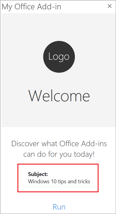 The add-in's task pane displaying message subject.