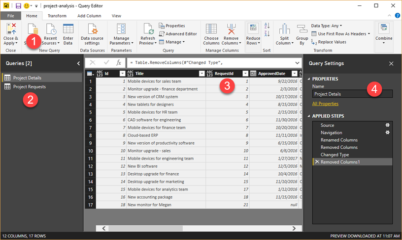 Urejevalnik poizvedb v aplikaciji Power BI Desktop.