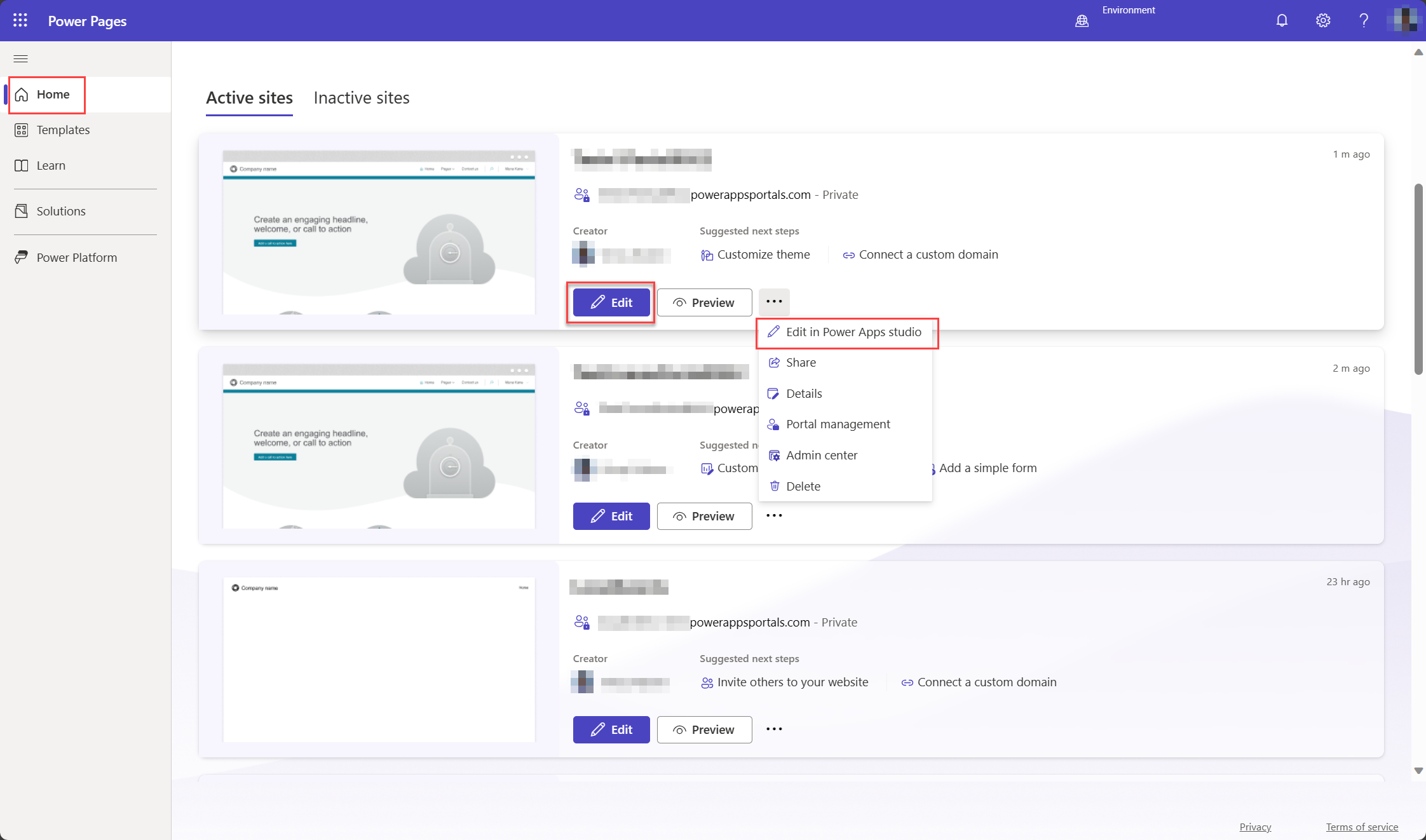 Izberite Uredi v Power Apps Studio , da odprete spletno mesto v Power Apps Portals Studio.