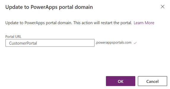 Posodobite na domeno portala Power Apps – URL portala.