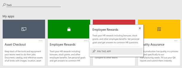 Lahko iščete aplikacije, filtrirate po okolju in aplikacije, ki jih najpogosteje uporabljate, pripnete na vrh strani.