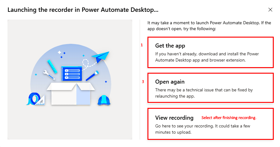 Posnetek zaslona »Zagon snemalnika na namizju«. Power Automate 