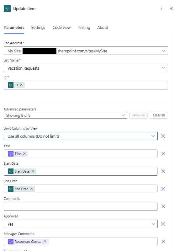Posnetek zaslona, ki prikazuje konfiguracijo posodobitve elementa v novem oblikovalniku.