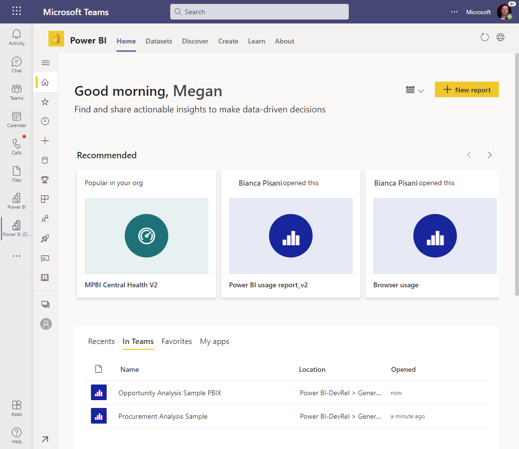 Screenshot of the Power BI app home page in Microsoft Teams showing the In Teams tab selected.